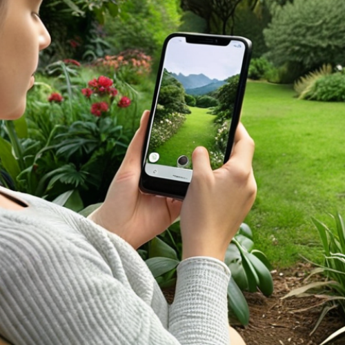 A person looking peaceful while disconnecting from their smartphone in a cozy, nature-filled setting, perhaps a garden or park. Focus on serenity and freedom from digital devices. Keywords: digital detox, nature, peaceful, relaxation.