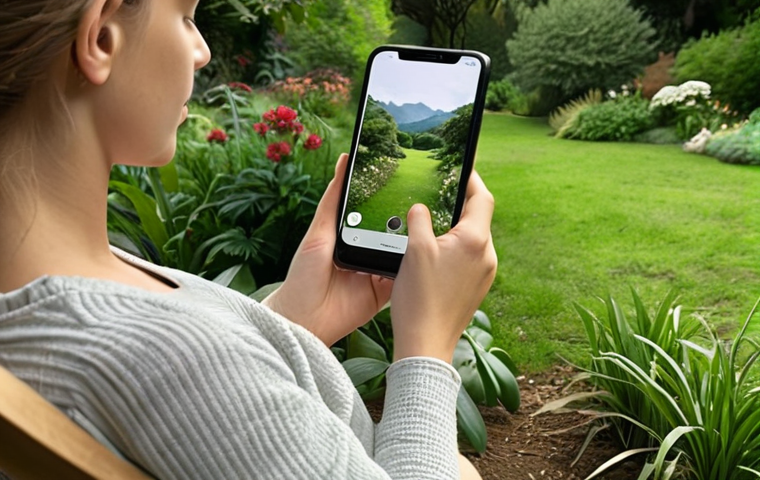A person looking peaceful while disconnecting from their smartphone in a cozy, nature-filled setting, perhaps a garden or park. Focus on serenity and freedom from digital devices. Keywords: digital detox, nature, peaceful, relaxation.